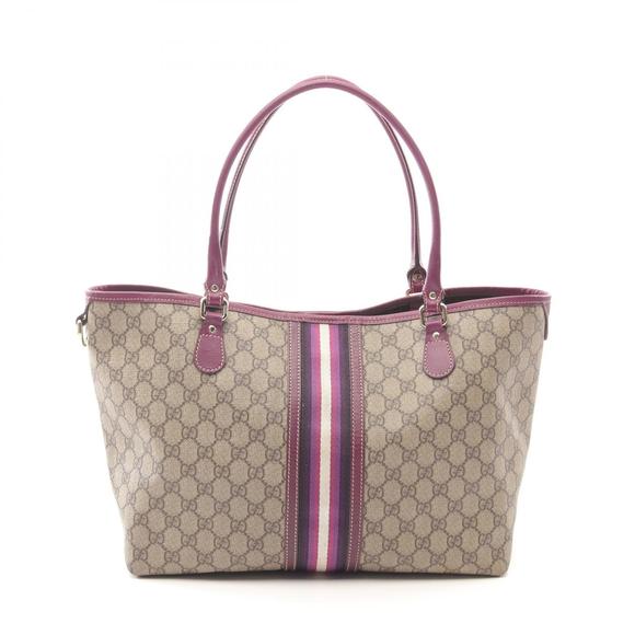 Gucci GG Supreme Striped Tote Bag Leather Beige Purple - Picture 1 of 7